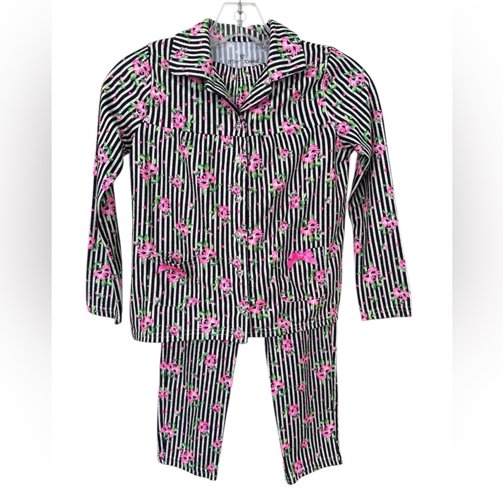 Betsey Johnson Black & White Stripe Pajama Set with Pink Floral Print